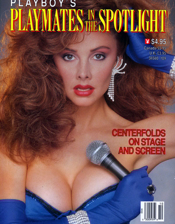 Playboy magazine cover featuring a woman with a microphone and blue gloves.